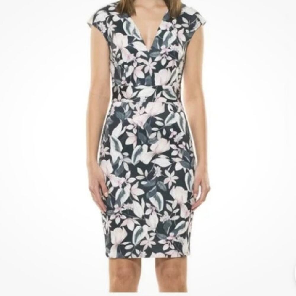 Alexia Admor Sheath Dress Scuba Knit V-Neck Floral S Wedding Season Officecore